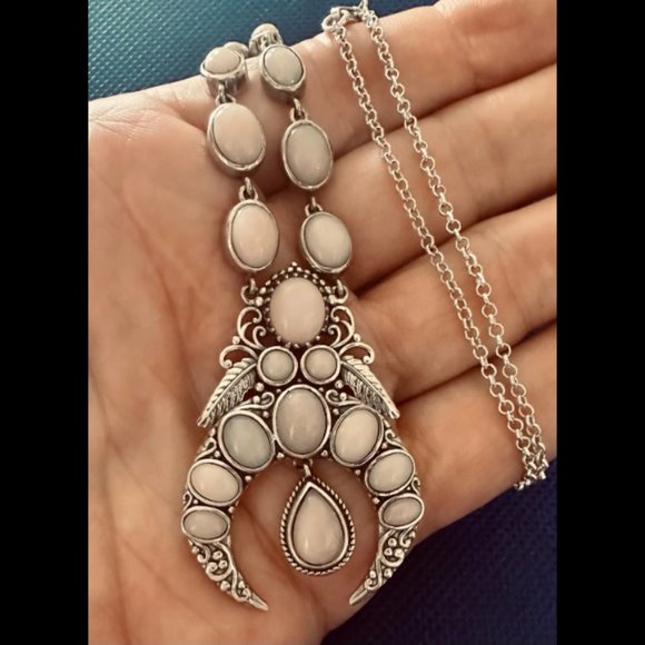 Pink Opal Squash Blossom Naja Necklace 18 Inches in 925 Sterling Silver NWT - Picture 2 of 8